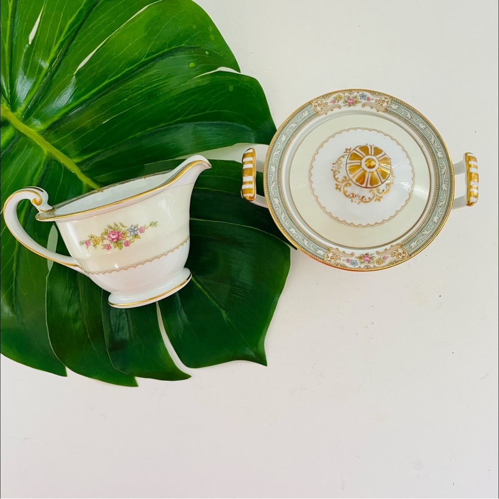 Vintage Noritake Made in Occupied Japan Cream & Gold Floral Sugar Bowl & Creamer